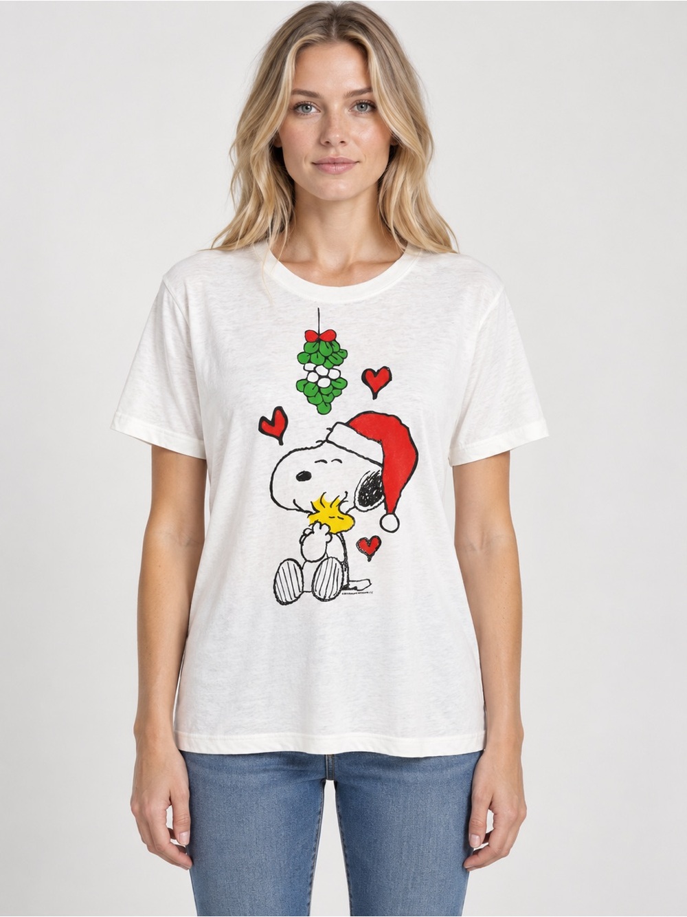 PEANUTS Santa Snoopy Love Under the Mistletoe Graphic T-Shirt Size Large White